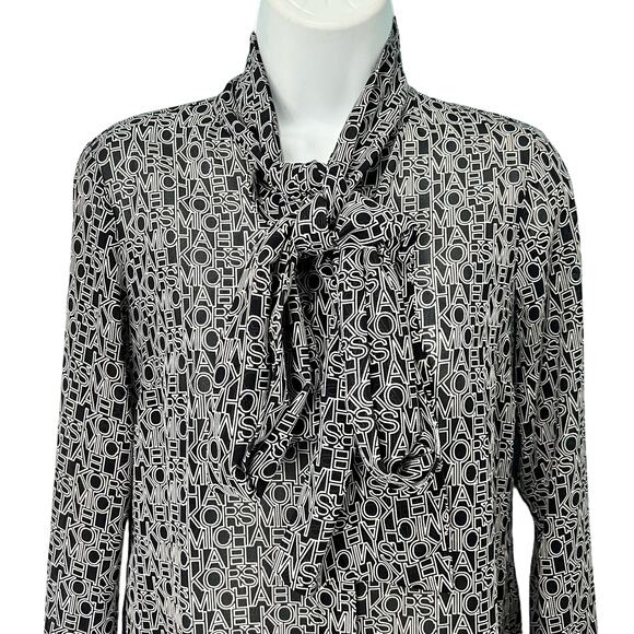 Michael Kors Black White Lettering Viscose Blend Tie-Neck Blouse size XS *GOOD* - Picture 9 of 12
